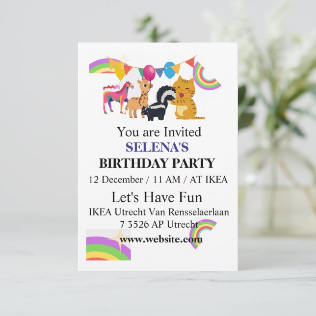 Convite de Aniversário Animais & Arco-íris (Em pé/Frente)