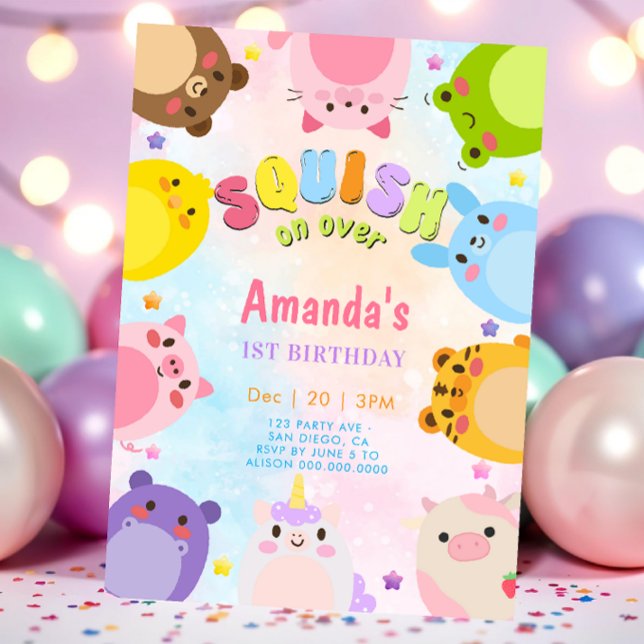 Convite de Aniversário Animal Squish On Over (Criador carregado)