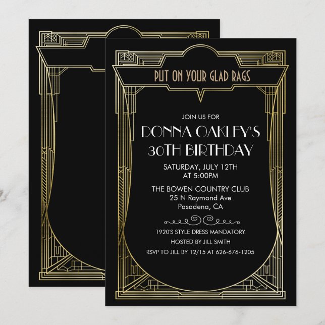 Convite de Aniversário ANY AGE Grande Gatsby Art D (Frente/Verso)