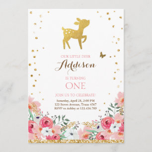 Convite de aniversário ao Woodland Dourado Pink F
