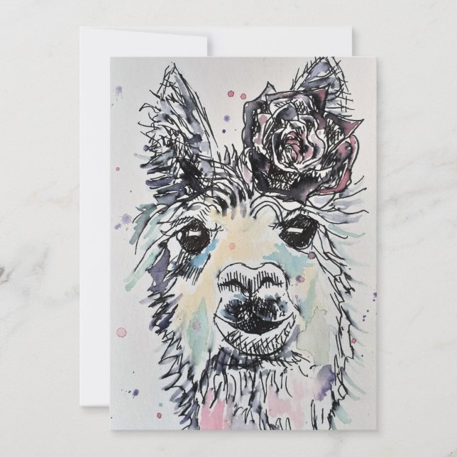 Convite de Aniversário Aquarela Arte Alpacca Llama (Frente)