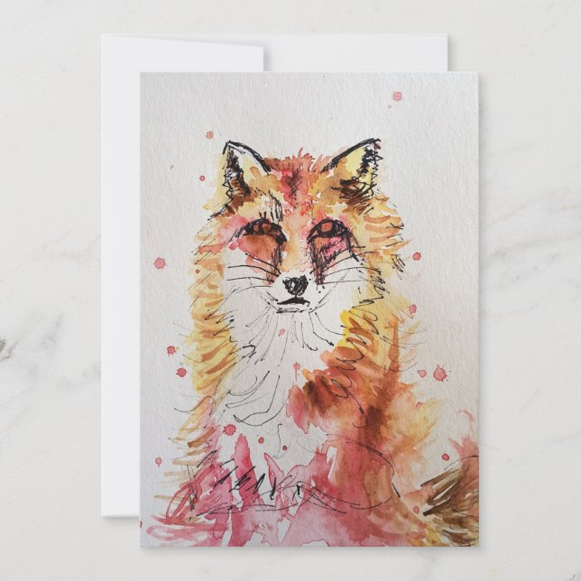 Convite de Aniversário Aquarela Arte Raposa Vermel (Frente)