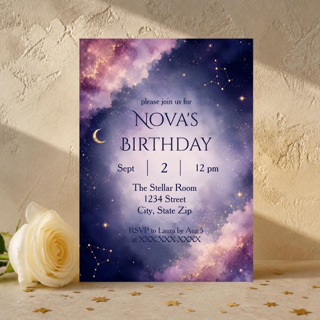 Convite de Aniversário Aquarela Celestial | Roxo (Elegant watercolor galaxy birthday invitation with moon, stars and customizable celestial details.)