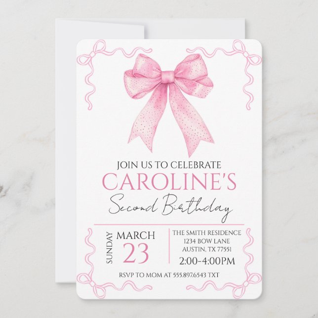 Convite de Aniversário Aquarela com Laço Rosa (Frente)