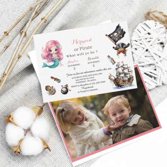 Convite de aniversário aquarela de Sereia e Pirata (Criador carregado)