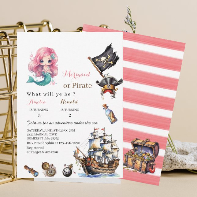 Convite de aniversário aquarela de sereia e pirata (Criador carregado)