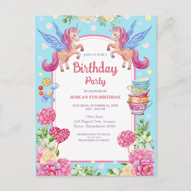 Convite de Aniversário Aquarela Flores Unicórnios  (Frente)