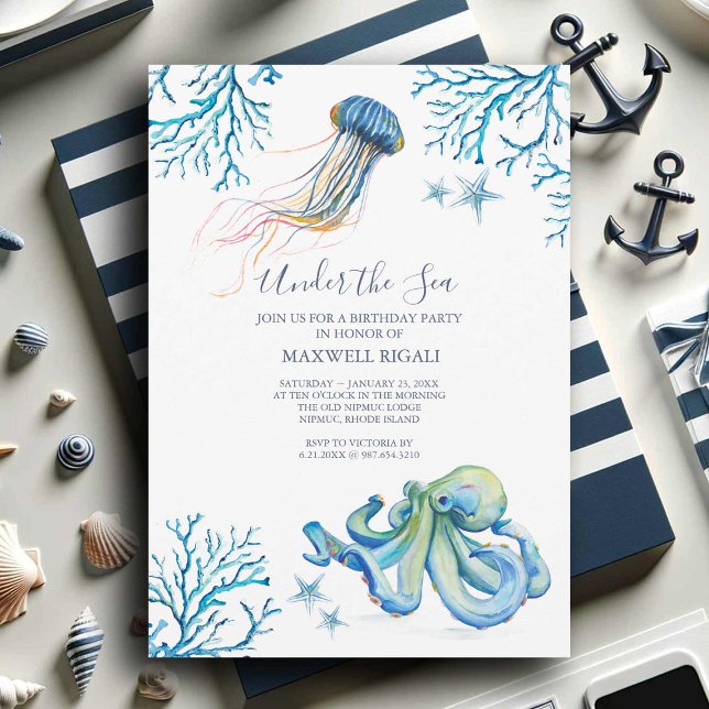 Convite de Aniversário Aquarela Sob o Mar (Under the sea birthday party invitations with watercolor ocean creatures art by Victoria Grigaliunas)
