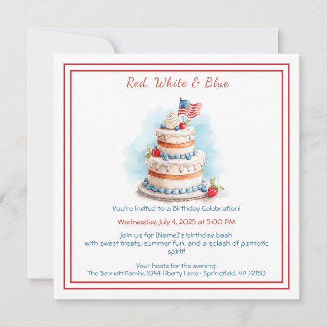 Convite de Aniversário Aquarela Vermelho Branco e  (Frente)