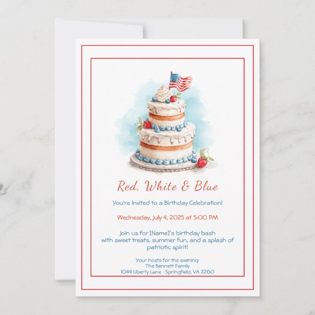 Convite de Aniversário Aquarela Vermelho Branco e  (Frente)