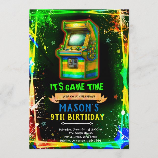 convite de aniversário arcade brilho néon (Frente)