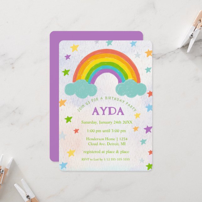 Convite de aniversário arco-íris (Frente/Verso In Situ)