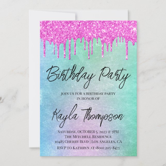 Convite de aniversário Arco-Íris com Glitter (Frente)