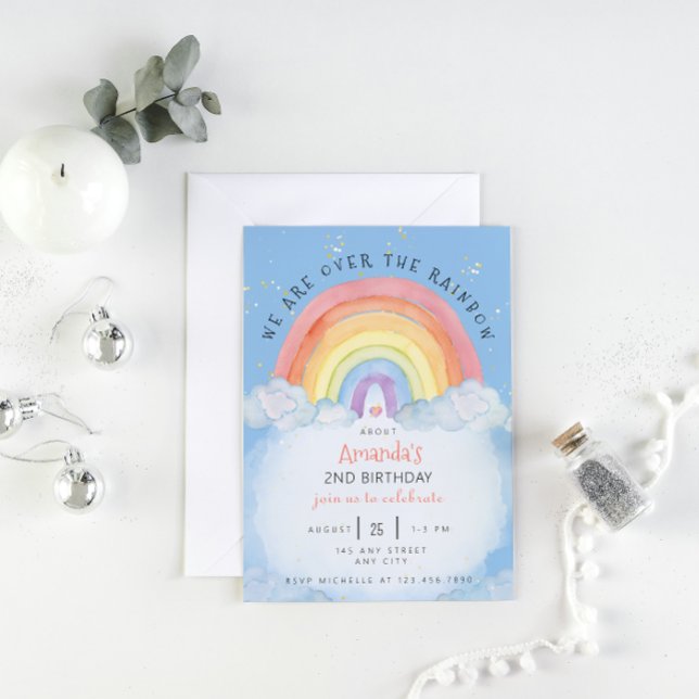 Convite de aniversário arco-íris de água (watercolor rainbow birthday party blue)