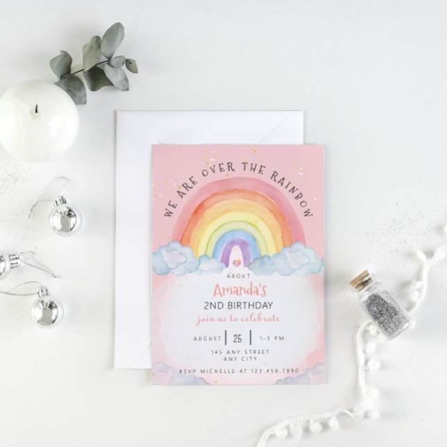 Convite de aniversário arco-íris de água (watercolor rainbow birthday party pink)