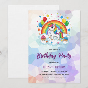 convite de aniversário arco-íris unicórnio aquarel