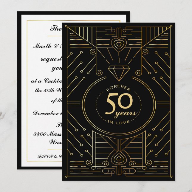 Convite de Aniversário Art Déco de 50 anos Exquisi (Frente/Verso)