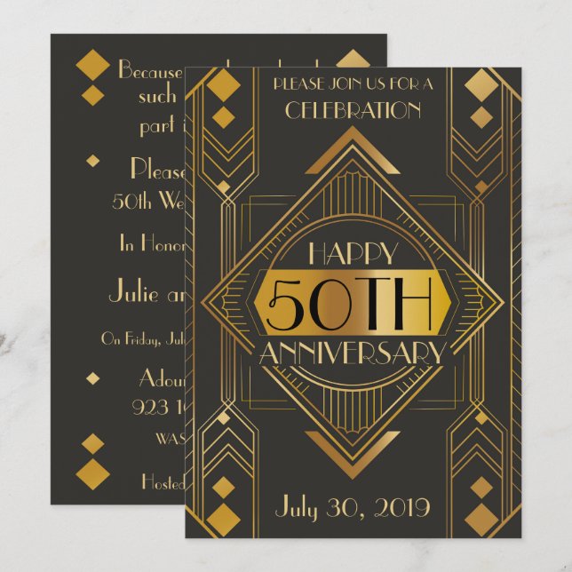 Convite de Aniversário Art Déco Elegante de 50 ano (Frente/Verso)