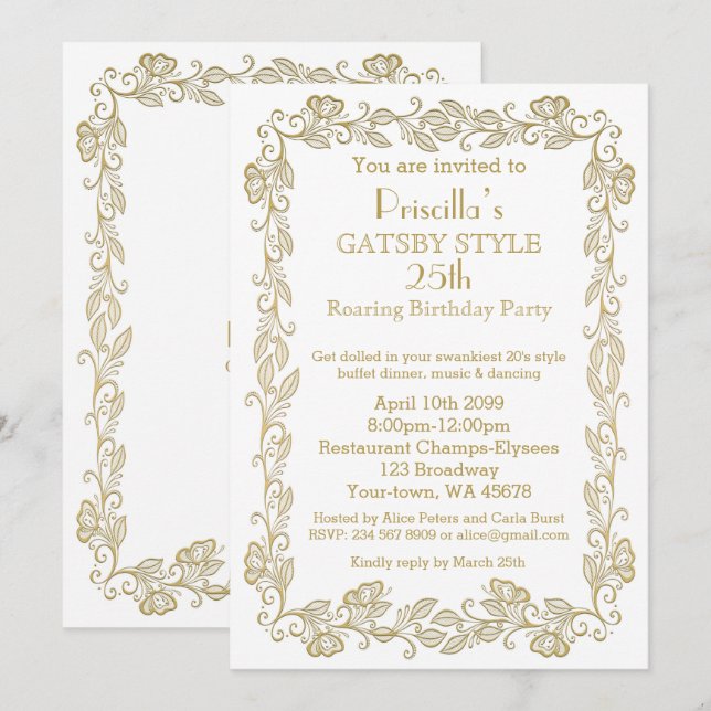 Convite de aniversário Art Deco,Mulher,gol branco (Frente/Verso)