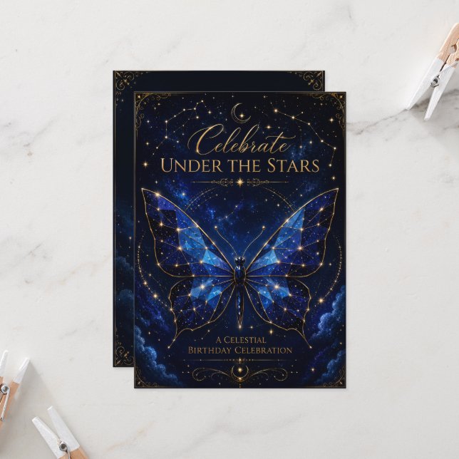Convite de Aniversário Asas de Safira Celestial (Frente/Verso In Situ)