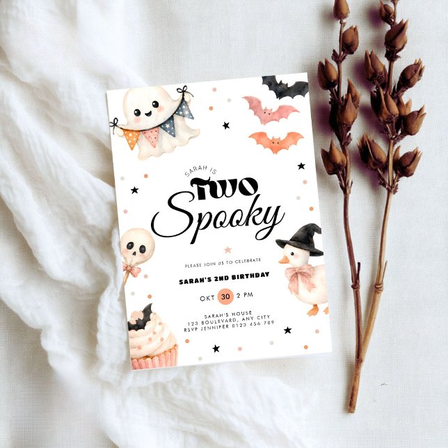 Convite de Aniversário Assustador de Halloween Doi (Two spooky 2nd birthday invitation halloween themed.)