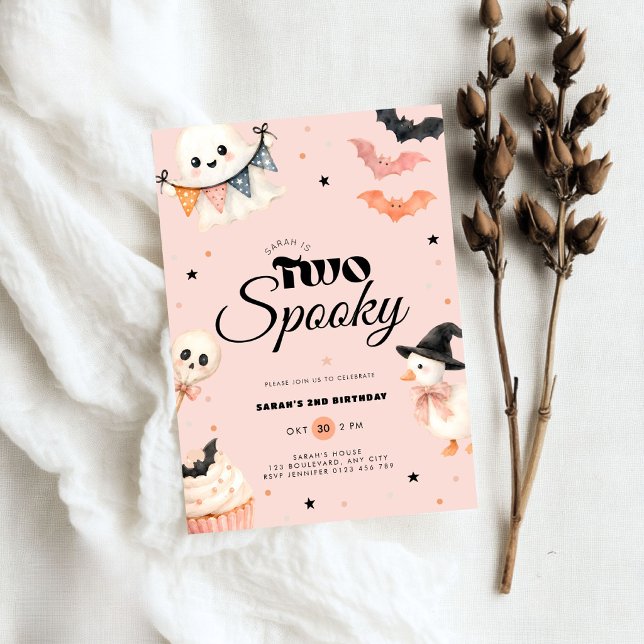 Convite de Aniversário Assustador de Halloween Doi (Girls pink halloween two spooky birthday invitation)