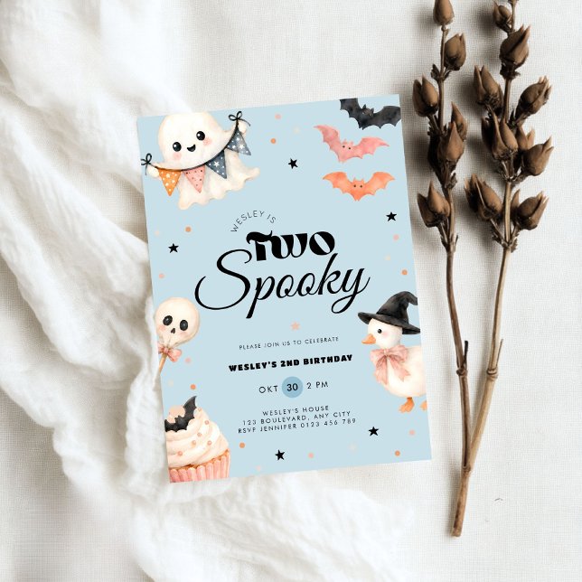 Convite de Aniversário Assustador de Halloween Doi (Boys blue halloween two spooky birthday invitation)