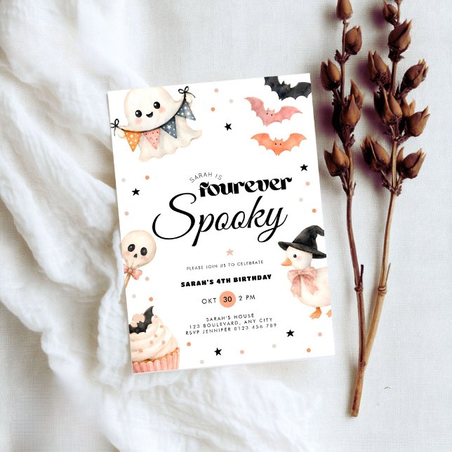 Convite de Aniversário Assustador de Halloween par (Fourever spooky 4th birthday invitation halloween themed.)