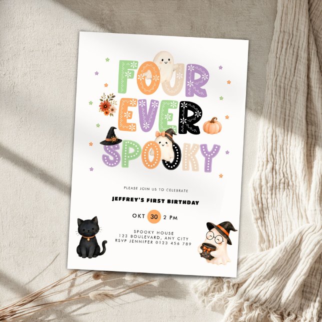 Convite de Aniversário Assustador Halloween Four E (Halloween four ever spooky 4th birthday invitation.)