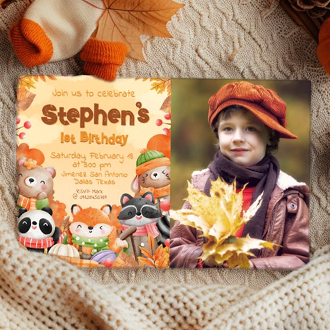 Convite de Aniversário Autumn Woodlands com Foto (Autumn Woodlands Birthday with Photo Invitation)