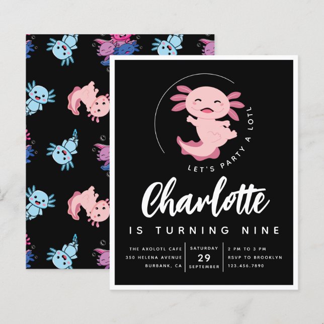 Convite de aniversário Axolotl de orçamento (Frente/Verso)