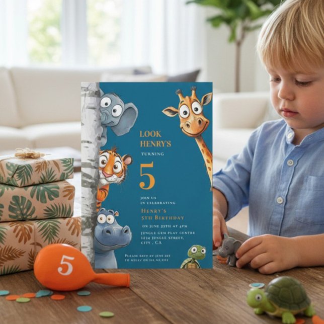 Convite de Aniversário Azul Animais da Selva Capri (Criador carregado)