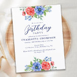 Convite de Aniversário Azul Azul Floral Patriótico<br><div class="desc">Estes elegantes e modernos convites de aniversário patrióticos apresentam lindas flores de aquarela em tons vermelhos, brancos e azuis, fazer-os a escolha perfeita para o aniversário de 4 de julho ou aniversários militares. A design é patriótica e floral, alcançando um equilíbrio perfeito entre os dois temas. Visite nossa coleção patriótica...</div>