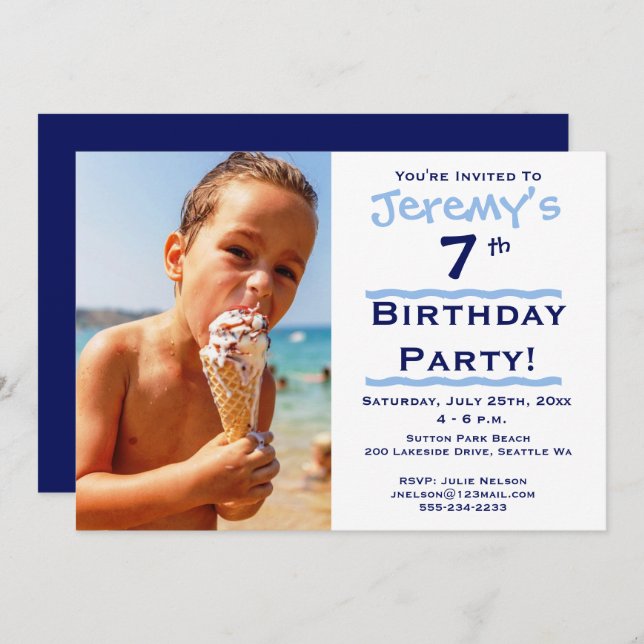 Convite de aniversário Azul da Criança de Foto (Frente/Verso)