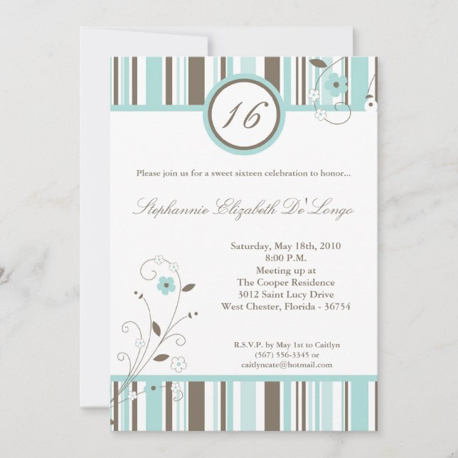 convite de aniversário azul do doce 16 da flor 5x7 (Frente)