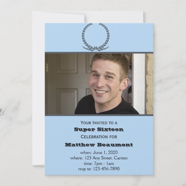 Convite de aniversário azul e cinzento da foto (Frente)