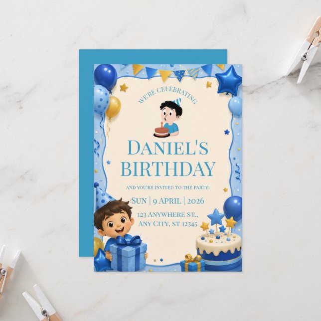 Convite de Aniversário Azul e Dourado para Menino  (Frente/Verso In Situ)