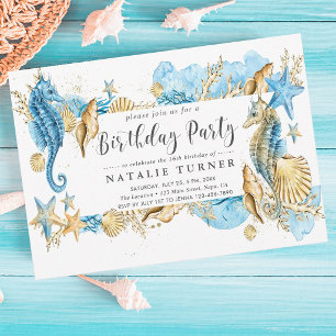 Convite de Aniversário Azul e Dourado Sob o Mar
