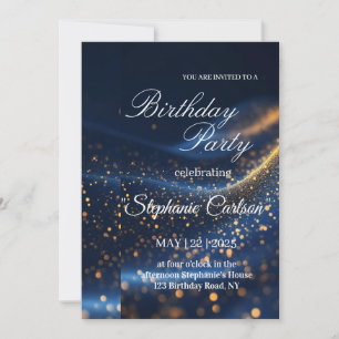 Convite de Aniversário Azul Marinho e Dourado Eleg