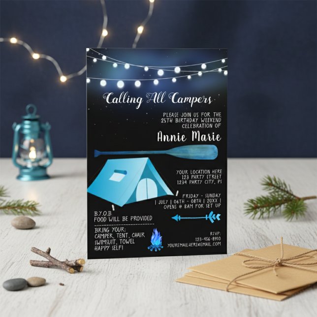 Convite de Aniversário Azul para Todos os Acampant (Calling All Campers Blue Birthday Invitation)