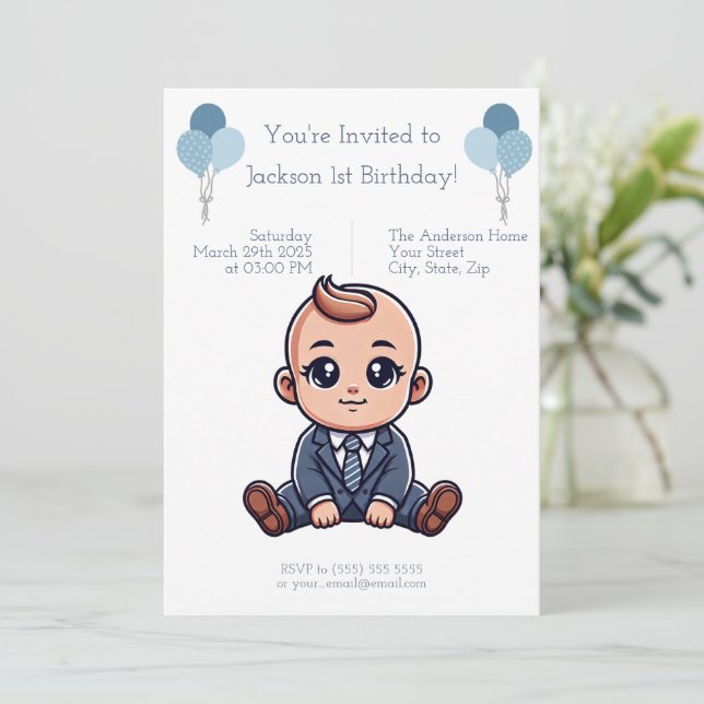 Convite de Aniversário Azul Personalizado para Beb (Em pé/Frente)