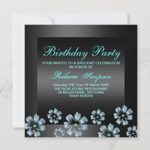 Convite de Aniversário Azul/Preto para Festas Flor