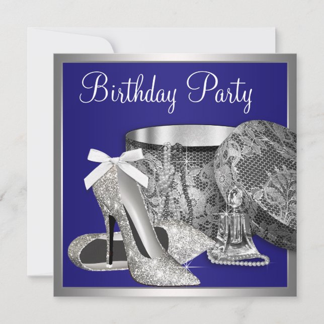Convite de Aniversário Azul Real com Prata para Mu (Frente)
