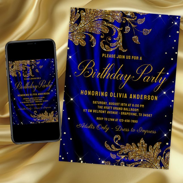 Convite de Aniversário Azul Real e Dourado para Mu (Womans royal blue & gold any number birthday invitation. For instant download & printed invitations.)