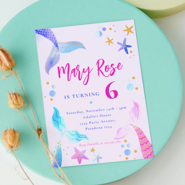 Convite de aniversário Azul Rosa Sereia (Mermaid Pink Blue Birthday Party Invitation)