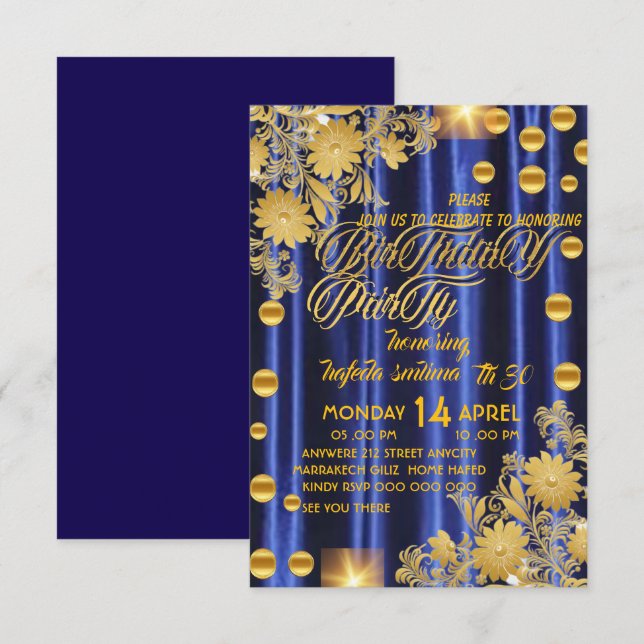 Convite de Aniversário Azul Royal Dourado, Mulher  (Frente/Verso)