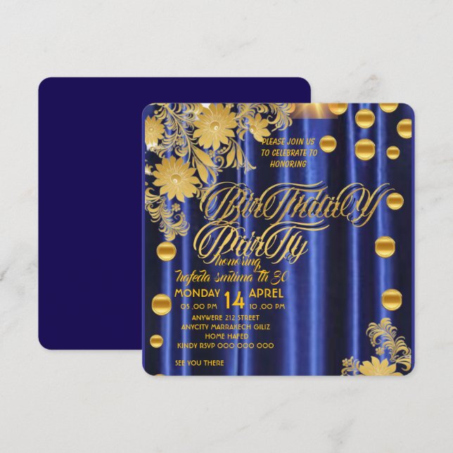 Convite de Aniversário Azul Royal Dourado, Mulher  (Frente/Verso)