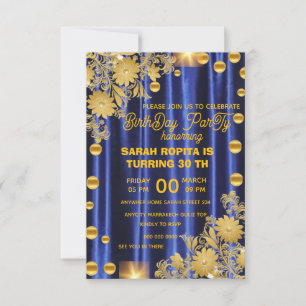 Convite de Aniversário Azul Royal Dourado, Mulher 