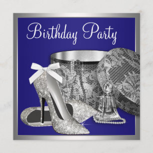 Convite de Aniversário Azul Royal Prateado para Mu