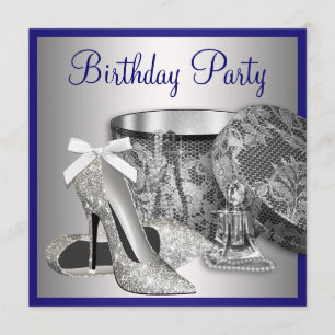 Convite de Aniversário Azul Royal Prateado para Mu